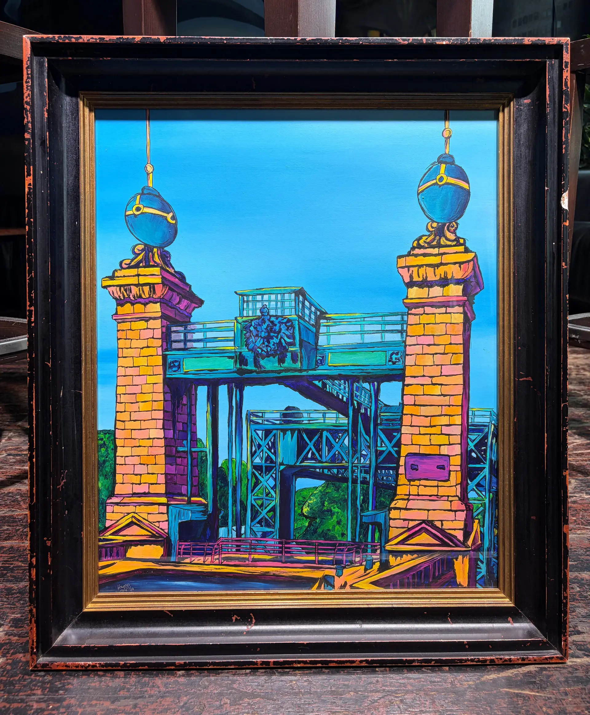 Gerahmtes Kunstwerk des historischen Schiffshebewerks von Harry Leyk.