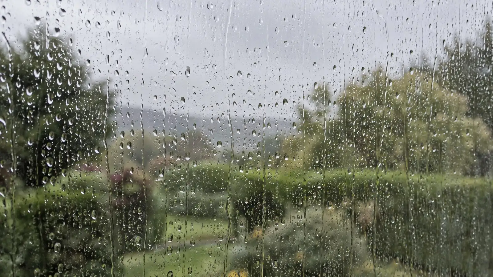 Dauerregen an einer Scheibe. Neutrale Alltagskulisse ohne behaupteten Aufnahmeort.